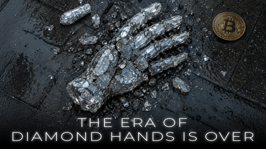 a hand made out of diamonds shatered on the floor with a bitcoin laying next to it. With title: The Era of Diamond Hands Is Over 