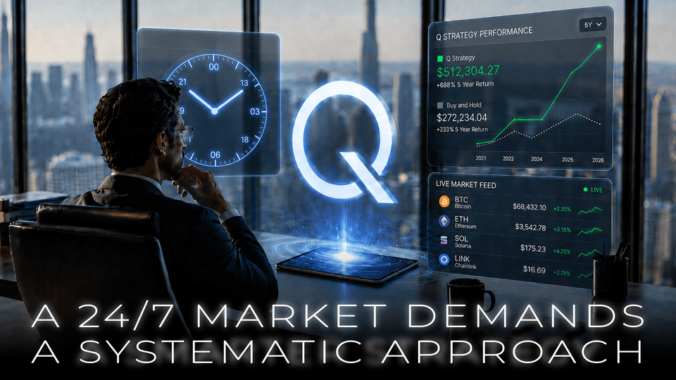 Graphic illustrating iTrustCapital’s Q for the 24/7 crypto market. A person views futuristic displays featuring the Q logo, a clock, crypto market data, and a chart comparing Q strategy performance with buy and hold. Large title reads, “A 24/7 Market Demands a Systematic Approach.”