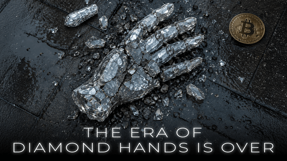 a hand made out of diamonds shatered on the floor with a bitcoin laying next to it. With title: The Era of Diamond Hands Is Over