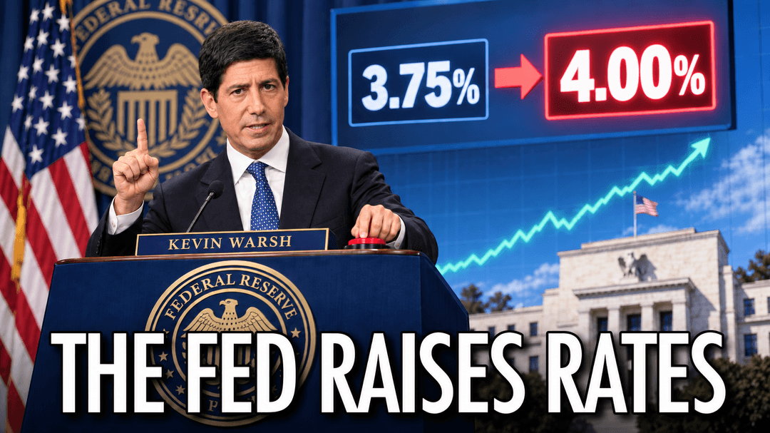Image showing Fed official, Kevin Warsh, at a podium with the Federal Reserve seal and U.S. flag. A graphic behind him shows rates rising from 3.75% to 4.00% alongside an upward chart and the Federal Reserve building. Title reads, “The Fed Raises Rates.”