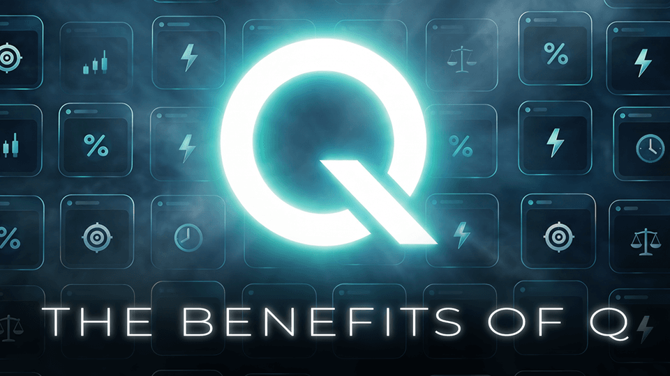 Graphic highlighting the benefits of Q, featuring a glowing Q logo surrounded by icons representing market signals, percentages, timing, targets, and systematic strategy rules. Large title at the bottom reads, “The Benefits of Q.”